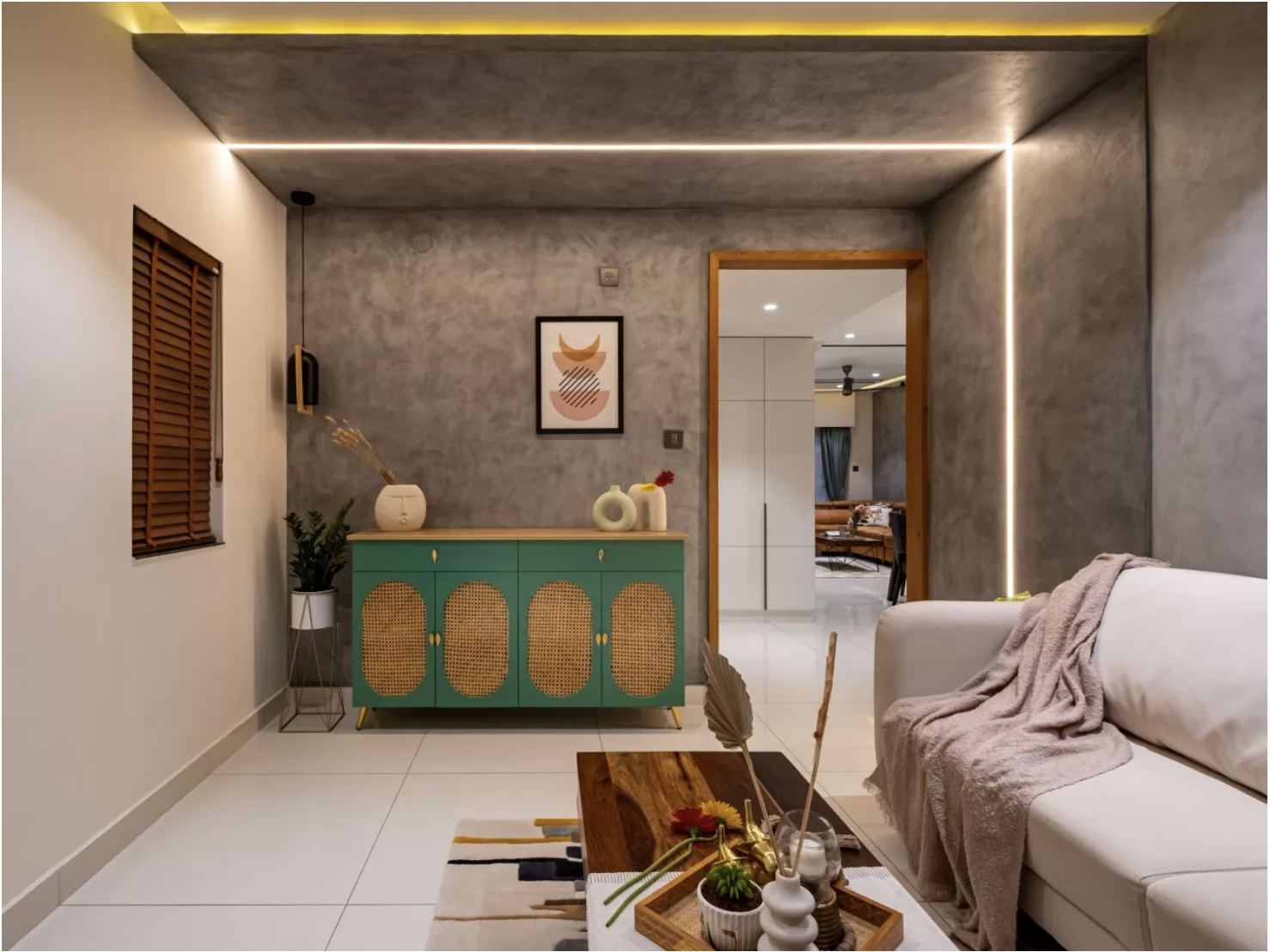 Architectural interior — natural stone, warm light, crafted surfaces